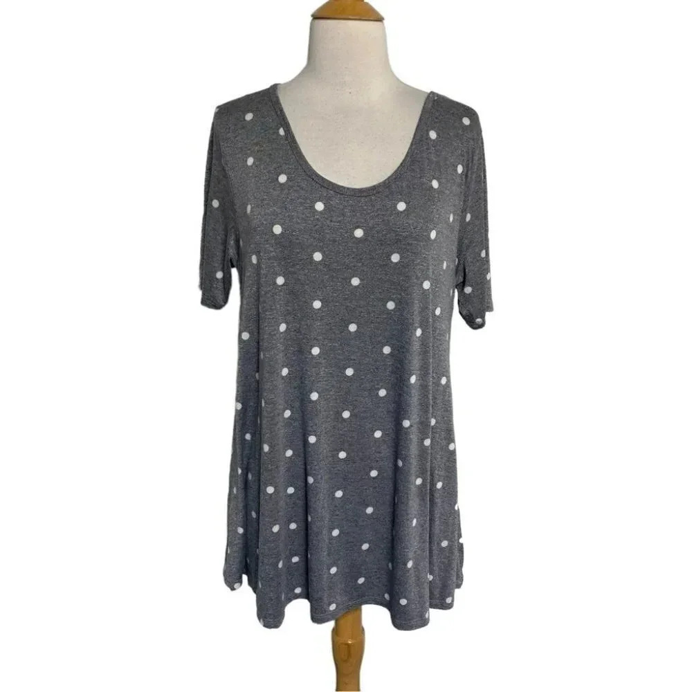 LuLaRoe‎ Perfect T Size M Gray White Polka Dot Scoop Neck Short Sleeve Tunic